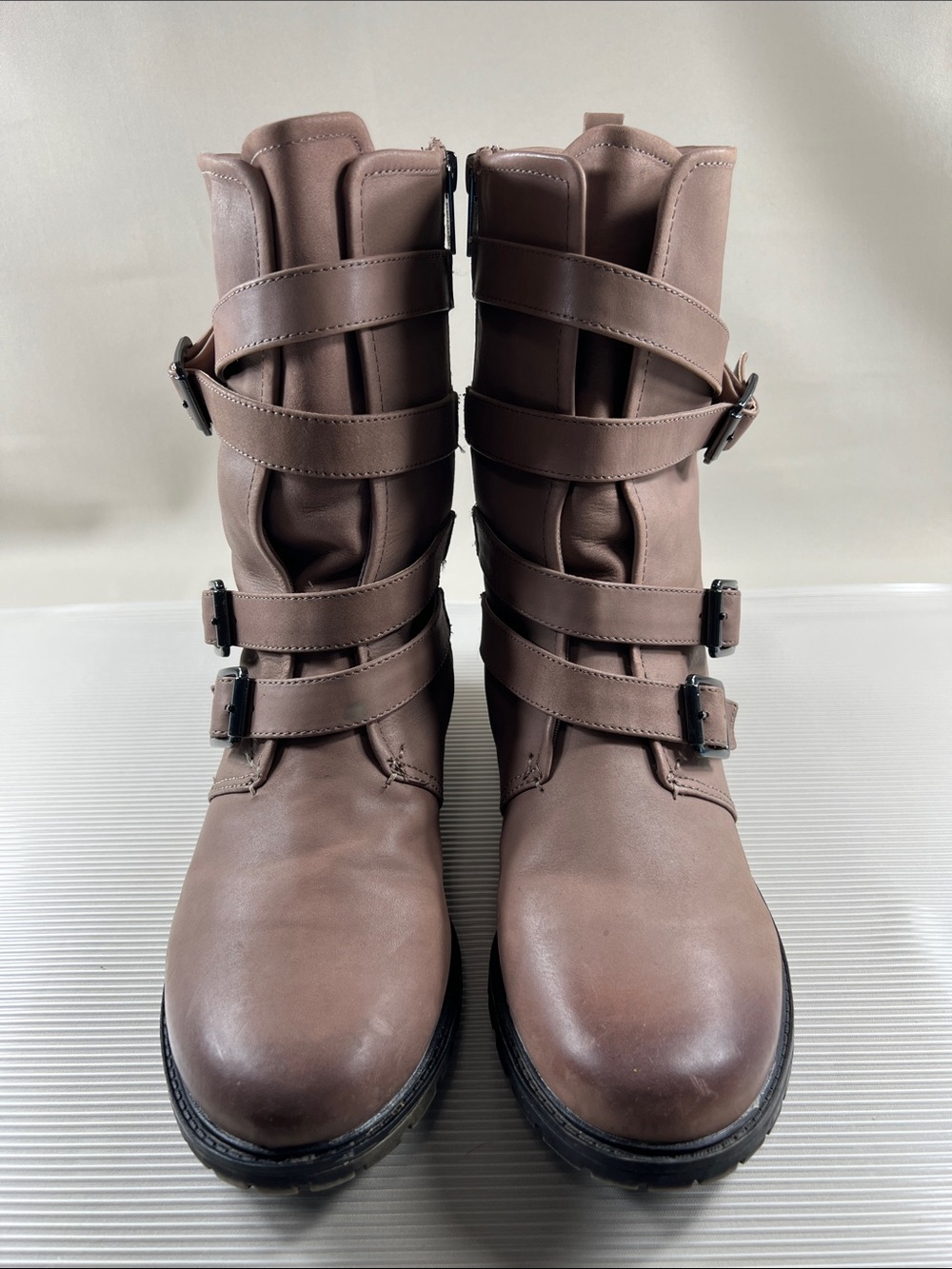 Kenneth Cole Reaction Womenโs Buckle Strap Mid-Calf Leather Boots in Taupe - 10M